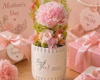 Maceta de flores preservadas – Decoración floral de escritorio hecha a mano, arreglo floral de floración eterna, maceta de cerámica, regalo para el Día de la Madre.