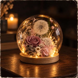 May include: A glass dome containing a preserved mauve rose, a white dandelion seed head, and small pink and white dried flowers. The arrangement sits on a circular wooden base and is illuminated by thin, warm-toned string lights.