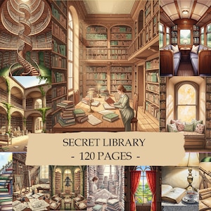 Peut inclure: Illustration d'une bibliothèque secrète avec plusieurs scènes. L'image principale montre une femme lisant à une table entourée de livres. Le texte "SECRET LIBRARY - 120 PAGES -" est affiché. D'autres scènes incluent un escalier en colimaçon et une bibliothèque dans un train.