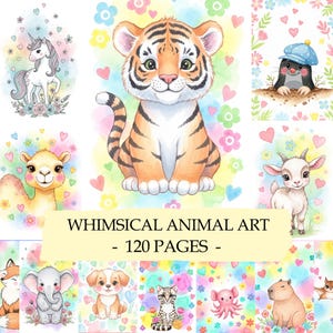 Könnte beinhalten: Aquarellillustrationen verschiedener Tiere, darunter ein Tigerjunges, ein Einhorn und ein Maulwurf. Der Text "WHIMSICAL ANIMAL ART - 120 PAGES -" ist zu sehen. Die Kunstwerke haben einen weichen, farbenfrohen Hintergrund mit Herzen und Blumen.