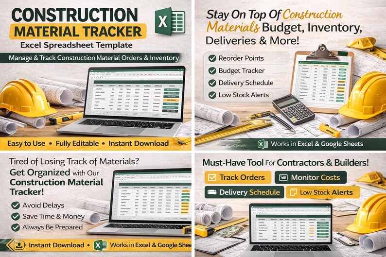 Construction Material Tracker Excel | Project Inventory & Supply ...