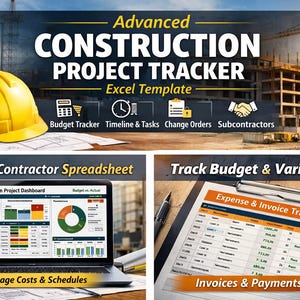 Op de afbeelding: Afbeelding die een Excel-sjabloon voor het volgen van bouwprojecten promoot. Een gele helm ligt op blauwdrukken. De afbeelding bevat een laptop met een dashboard en een klembord met een onkostentracker. De tekst luidt "Advanced CONSTRUCTION PROJECT TRACKER Excel Template."