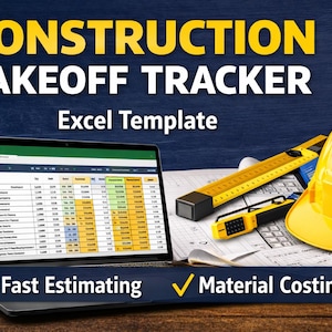 Op de afbeelding: Een laptop met een Excel-sjabloon voor het bijhouden van de constructie-takeoff. De afbeelding bevat een gele helm, meetgereedschap en de tekst "Construction Takeoff Tracker Excel Template". De tekst bevat ook "Fast Estimating" en "Material Costing."