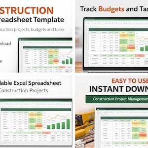 May include: A digital advertisement for a construction Excel spreadsheet template. The image shows a laptop and tablet displaying the spreadsheet, with charts and data. Text includes "Instant Download," "Easy to Use," and "Fully Editable."