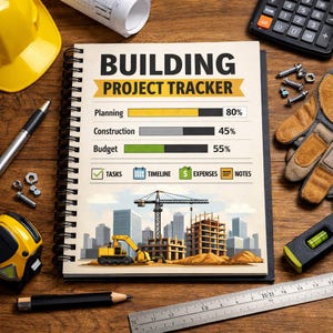 Könnte beinhalten: Ein Spiralnotizblock mit der Aufschrift "BUILDING PROJECT TRACKER" mit Fortschrittsbalken für Planung, Bau und Budget. Das Bild enthält Werkzeuge, einen Taschenrechner und einen gelben Helm, was auf ein Bau- oder Projektmanagement-Thema hindeutet.