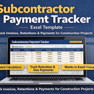 Op de afbeelding: Een laptop toont een Excel-sjabloon "Subcontractor Payment Tracker". Het scherm toont een spreadsheet met gegevens en de tekst benadrukt functies zoals automatische berekeningen en het volgen van betalingen. De achtergrond is een blauwe gradiënt.