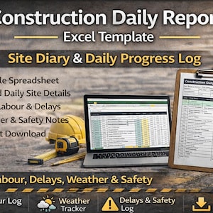 May include: An image of a construction daily report template. The image includes a laptop displaying a spreadsheet, a clipboard with a report, a hard hat, and a measuring tape. Text on the image includes "Construction Daily Report" and "Site Diary & Daily Progress Log."