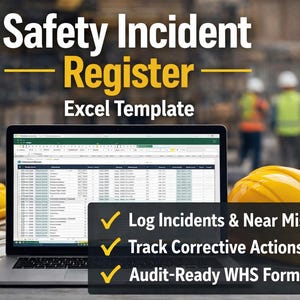 Könnte beinhalten: Ein Laptop mit einer Excel-Vorlage für ein Sicherheitsvorfallregister. Das Bild zeigt einen gelben Schutzhelm, eine Schutzbrille und den Text "Safety Incident Register Excel Template". Die Vorlage ermöglicht es, Vorfälle zu protokollieren, Korrekturmaßnahmen zu verfolgen und ist auditfähig.