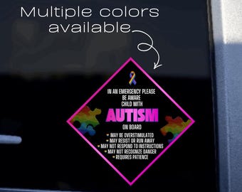 Child with Autism on Board Decal | Medical Awareness Car Sticker | Emergency Alert Vehicle Decal