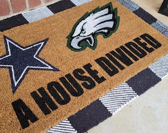 Football House Divided Doormat - Helmet and Logos