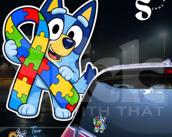 Bluey Inspired Autism Decal, Rainbow or Puzzle Ribbon UV DTF Sticker