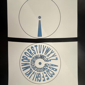 Op de afbeelding: Twee witte papieren uitsparingen. De bovenste uitsparing heeft een zwarte cirkel met een blauwe uitroeptekenvorm erin. De onderste uitsparing heeft een cirkel met het alfabet in blauwe letters.