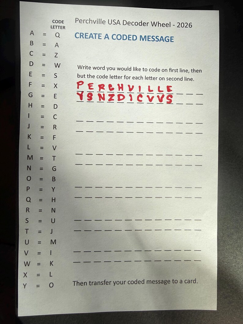 Op de afbeelding: Een wit papier met de titel "Perchville USA Decoder Wheel - 2026" en instructies voor het maken van een gecodeerd bericht. Het woord "PERCHVILLE" is met rode inkt geschreven, met de gecodeerde vorm eronder. Er is ook een codeersleutel aanwezig.