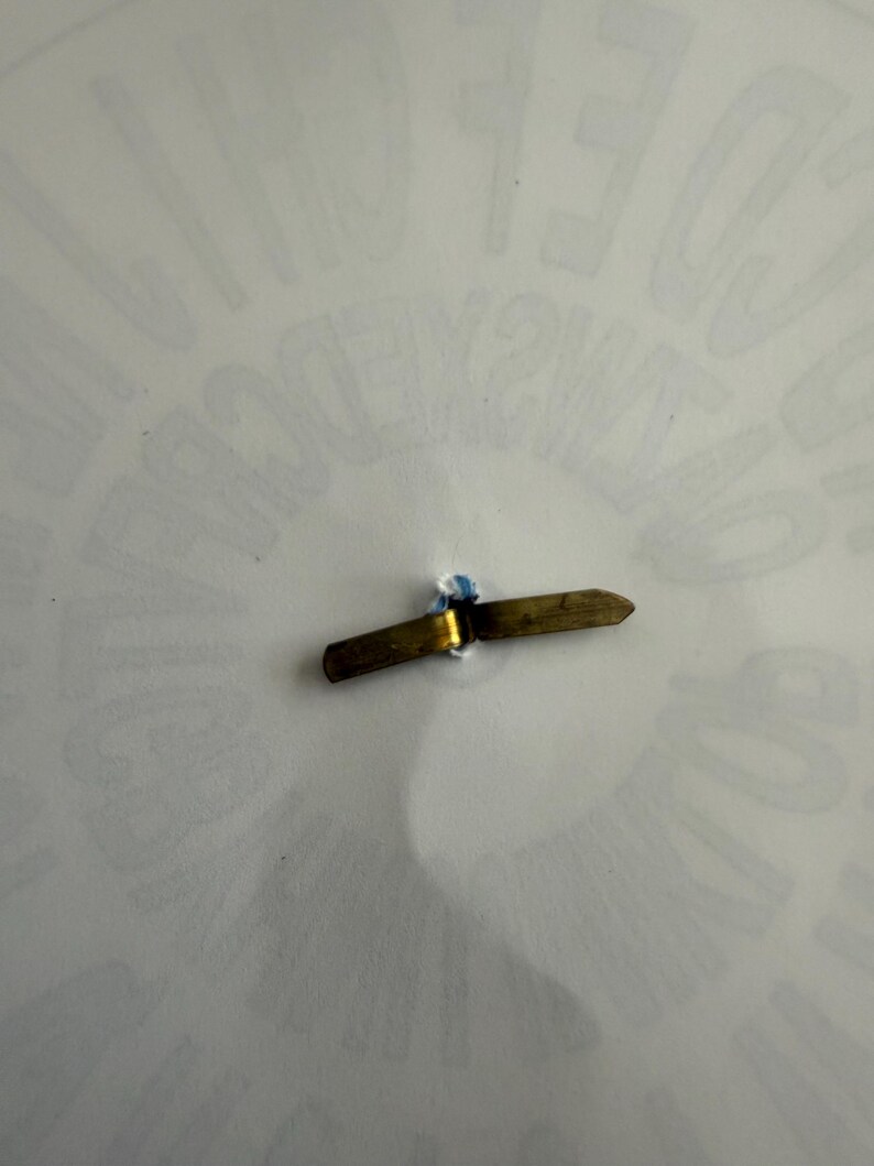 Op de afbeelding: Een klein, messingkleurig metalen object met een puntig uiteinde en een kleine blauwe accent. Het object lijkt een speld of een vergelijkbaar bevestigingsmiddel te zijn. De achtergrond is een wit oppervlak met vage tekst.