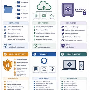 May include: An infographic titled Digital Command Center with six numbered sections: File Organization, Cloud Structure, Password Manager, Privacy & Security, Backups, and Device Updates, featuring icons, best practice lists, and command center habits.