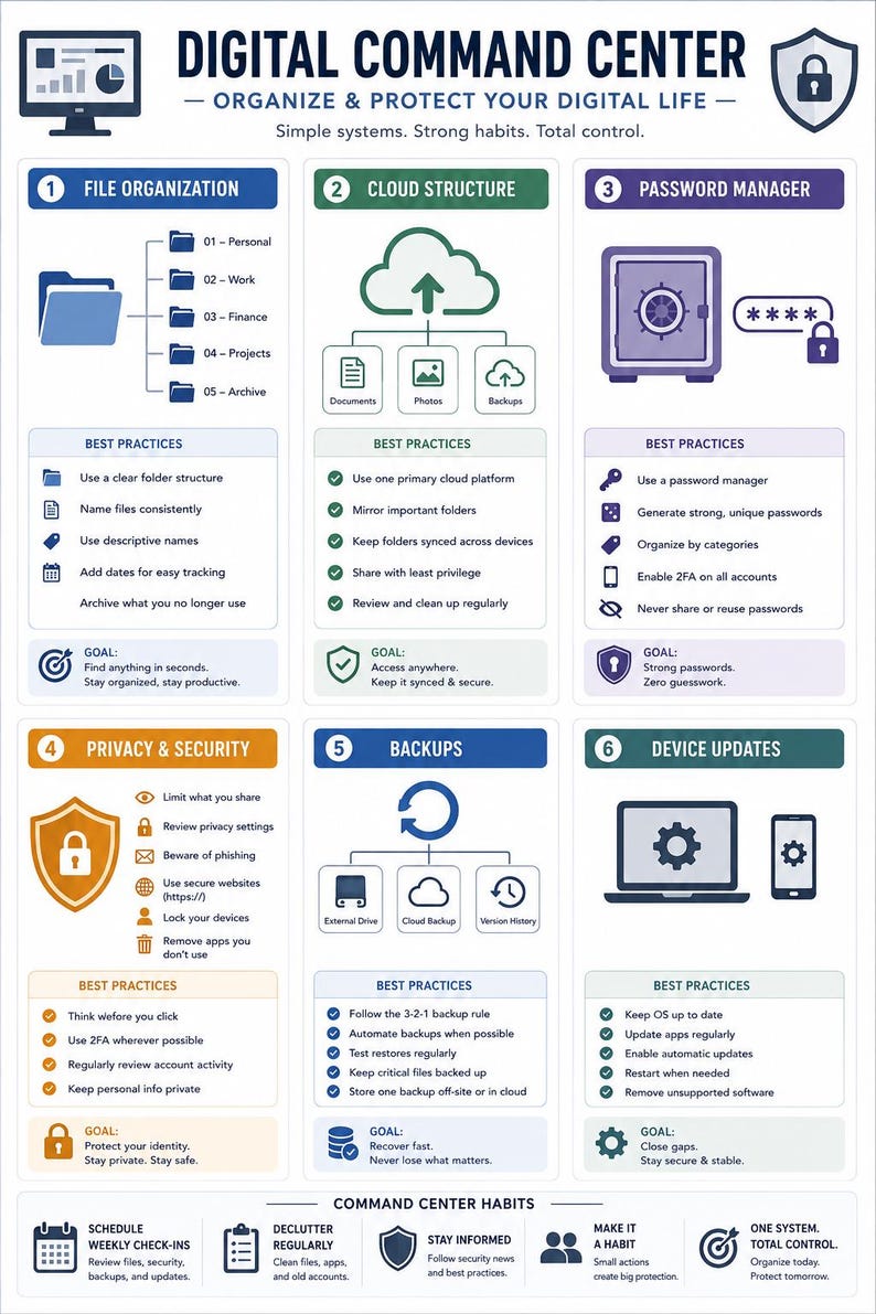 May include: An infographic titled Digital Command Center with six numbered sections: File Organization, Cloud Structure, Password Manager, Privacy & Security, Backups, and Device Updates, featuring icons, best practice lists, and command center habits.