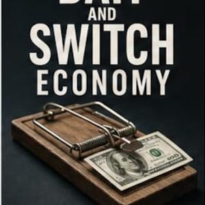May include: A wooden mousetrap with a metal spring mechanism holding a one hundred dollar bill. The text THE BAIT AND SWITCH ECONOMY is printed in white above the trap, and ECOVOLT LIVING PRESS is printed at the bottom with a leaf icon.
