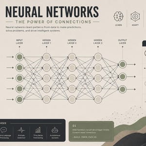 K&ouml;nnte beinhalten: Eine lehrreiche Infografik mit dem Titel Neural Networks: The Power of Connections. Sie zeigt ein Diagramm eines k&uuml;nstlichen neuronalen Netzes mit Eingabe-, verborgenen und Ausgabeschichten sowie Abschnitte zur Funktionsweise, zu Schl&uuml;sselkomponenten und Anwendungsf&auml;llen in einer ged&auml;mpften gr&uuml;n-beigen Farbpalette.