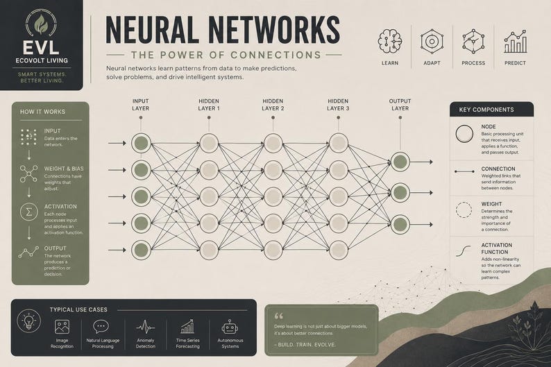 K&ouml;nnte beinhalten: Eine lehrreiche Infografik mit dem Titel Neural Networks: The Power of Connections. Sie zeigt ein Diagramm eines k&uuml;nstlichen neuronalen Netzes mit Eingabe-, verborgenen und Ausgabeschichten sowie Abschnitte zur Funktionsweise, zu Schl&uuml;sselkomponenten und Anwendungsf&auml;llen in einer ged&auml;mpften gr&uuml;n-beigen Farbpalette.