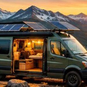 May include: An olive green camper van with a sliding side door open, revealing a lit interior with a bed and storage. The roof features three mounted solar panels. The vehicle is parked on a rocky terrain overlooking a mountain range at sunset.