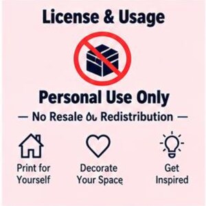 May include: A light pink informational graphic titled License & Usage. It features a dark blue icon of a box with a red prohibition circle, text stating Personal Use Only, No Resale or Redistribution, and three icons for Print for Yourself, Decorate Your Space, and Get Inspired.