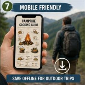 May include: A smartphone screen displaying a Campfire Cooking Guide with illustrations of a campfire, cooking pots, and food items. The text reads Campfire Cooking Guide, Mobile Friendly, and Save Offline For Outdoor Trips with a download icon.