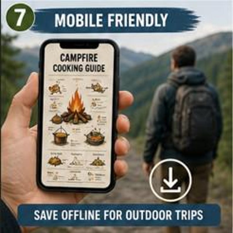 May include: A smartphone screen displaying a Campfire Cooking Guide with illustrations of a campfire, cooking pots, and food items. The text reads Campfire Cooking Guide, Mobile Friendly, and Save Offline For Outdoor Trips with a download icon.