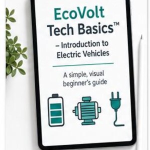 Könnte beinhalten: Ein digitales Tablet mit dem Titel EcoVolt Tech Basics - Introduction to Electric Vehicles, ein einfacher, visueller Leitfaden für Anfänger. Der Bildschirm zeigt grüne Symbole einer Batterie, eines Elektromotors und eines Steckers auf weißem Grund.