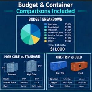 May include: An infographic titled Budget & Container Comparisons Included. It features a pie chart showing a $11,000 budget breakdown, a comparison of standard 8'6" and high cube 9'6" containers, and a comparison of one-trip versus used containers.