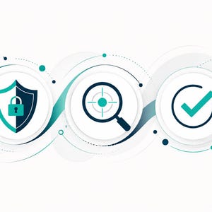 May include: A graphic illustration featuring three circular icons arranged horizontally. The first icon shows a shield with a padlock, the second a magnifying glass with a target, and the third a checkmark, all connected by teal flowing lines.