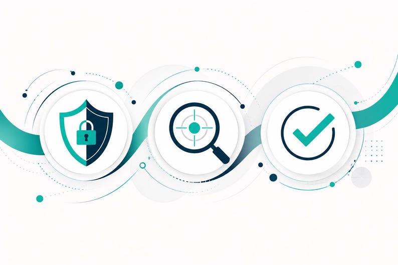 May include: A graphic illustration featuring three circular icons arranged horizontally. The first icon shows a shield with a padlock, the second a magnifying glass with a target, and the third a checkmark, all connected by teal flowing lines.