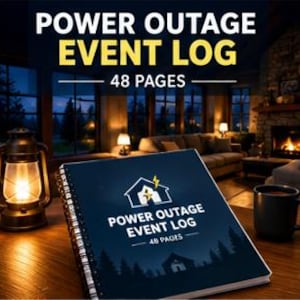 May include: A spiral-bound notebook titled Power Outage Event Log with 48 pages. The cover features a dark blue night scene with a house silhouette, a yellow lightning bolt icon, and white text. It is positioned on a wooden surface.