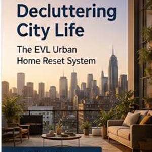 May include: A digital book cover titled Decluttering City Life: The EVL Urban Home Reset System. The background shows a balcony overlooking a city skyline at sunset with a sofa, chairs, and potted plants. The text reads Less Clutter. More Space. Better Living.