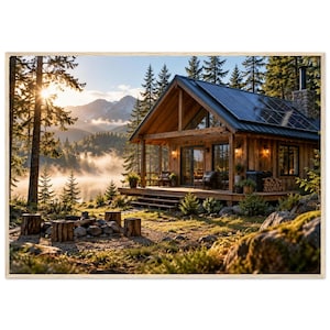 May include: A wooden cabin with a dark roof featuring solar panels, a front porch with chairs, and a stone chimney. The cabin is situated near a misty lake and forest at sunrise, with a fire pit made of logs and stones in the foreground.