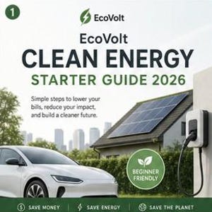 Könnte beinhalten: Der EcoVolt Clean Energy Starter Guide 2026 enthält Text zur Senkung von Rechnungen und zur Reduzierung der Umweltbelastung. Das Bild zeigt ein weißes Elektroauto, ein Haus mit Solarpaneelen und eine Wandladestation für Elektroautos.