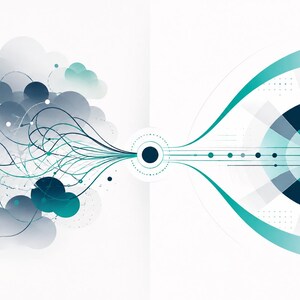 May include: A digital graphic illustration featuring a cluster of grey and teal cloud-like shapes on the left, connected by thin lines to a central dark circle, which then extends lines towards a teal circular target on the right side.