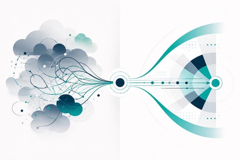 May include: A digital graphic illustration featuring a cluster of grey and teal cloud-like shapes on the left, connected by thin lines to a central dark circle, which then extends lines towards a teal circular target on the right side.