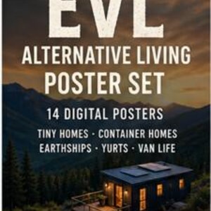 May include: A digital poster set featuring 14 images of alternative living structures including tiny homes, container homes, earthships, yurts, and van life. The text reads EVL ALTERNATIVE LIVING POSTER SET, 14 DIGITAL POSTERS, HIGH-RESOLUTION JPG, INSTANT DOWNLOAD.