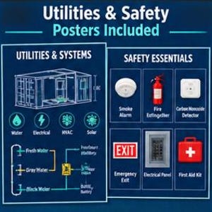 May include: A dark blue informational poster titled Utilities & Safety Posters Included. It features a diagram of a container structure, icons for water, electrical, HVAC, and solar systems, and a grid of safety essentials like a smoke alarm, fire extinguisher, carbon monoxide detector, exit sign, electrical panel, and first aid kit.