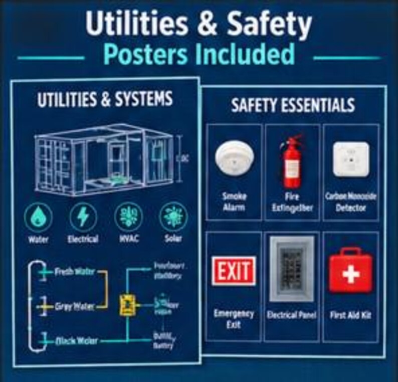 May include: A dark blue informational poster titled Utilities & Safety Posters Included. It features a diagram of a container structure, icons for water, electrical, HVAC, and solar systems, and a grid of safety essentials like a smoke alarm, fire extinguisher, carbon monoxide detector, exit sign, electrical panel, and first aid kit.