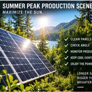 May include: A solar panel array set in a forest landscape with text reading 9. SUMMER PEAK PRODUCTION SCENE, MAXIMIZE THE SUN, CLEAN PANELS, CHECK ANGLE, MONITOR PRODUCTION, KEEP COOL (VENTILATION), ENJOY THE POWER, LONGER DAYS, BIGGER YIELDS, BRIGHTER LIFE.