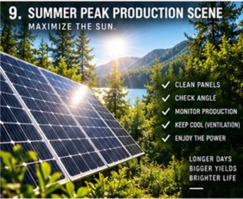 May include: A solar panel array set in a forest landscape with text reading 9. SUMMER PEAK PRODUCTION SCENE, MAXIMIZE THE SUN, CLEAN PANELS, CHECK ANGLE, MONITOR PRODUCTION, KEEP COOL (VENTILATION), ENJOY THE POWER, LONGER DAYS, BIGGER YIELDS, BRIGHTER LIFE.
