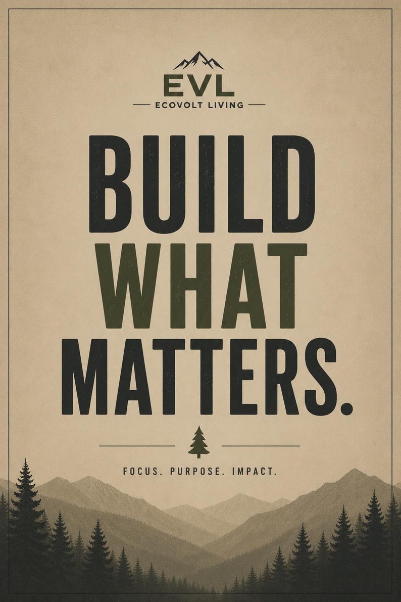May include: A vertical poster on a tan background featuring the text EVL ECOVOLT LIVING above the words BUILD WHAT MATTERS in large black letters. Below this is a small tree icon and the text FOCUS. PURPOSE. IMPACT. over a mountain landscape.