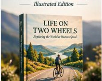 May include: A hardcover book titled Life on Two Wheels: Exploring the World at Human Speed, Illustrated Edition. The cover features an illustration of a cyclist on a winding road through a mountainous landscape with a lake in the distance.
