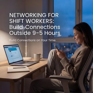 Puede incluir: Una mujer está sentada en un escritorio de madera, usando una computadora portátil y un teléfono inteligente. El texto en la pantalla es visible. La imagen incluye el texto: "NETWORKING FOR SHIFT WORKERS: Build Connections Outside 9-5 Hours. Build Connections on Your Time."