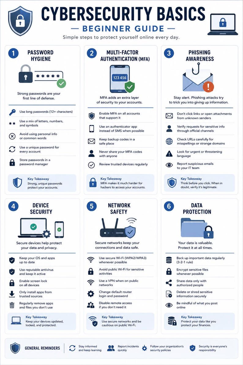 May include: An infographic titled Cybersecurity Basics Beginner Guide with six numbered sections covering password hygiene, multi-factor authentication, phishing awareness, device security, network safety, and data protection with icons.