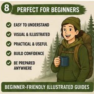 May include: An illustrated guide featuring a person in a green hoodie and beanie with a backpack holding a blue mug. Text includes: 8 PERFECT FOR BEGINNERS, EASY TO UNDERSTAND, VISUAL & ILLUSTRATED, PRACTICAL & USEFUL, BUILD CONFIDENCE, BE PREPARED ANYWHERE, BEGINNER-FRIENDLY ILLUSTRATED GUIDES.