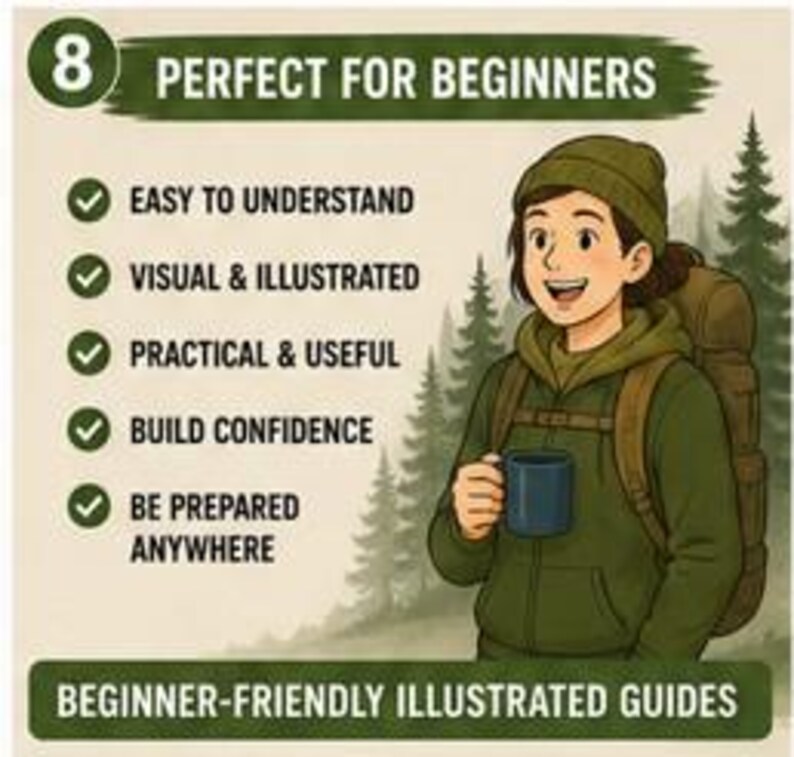 May include: An illustrated guide featuring a person in a green hoodie and beanie with a backpack holding a blue mug. Text includes: 8 PERFECT FOR BEGINNERS, EASY TO UNDERSTAND, VISUAL & ILLUSTRATED, PRACTICAL & USEFUL, BUILD CONFIDENCE, BE PREPARED ANYWHERE, BEGINNER-FRIENDLY ILLUSTRATED GUIDES.