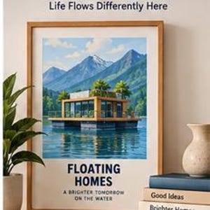 May include: A framed vertical print featuring a floating home on a lake with mountains in the background. The text reads Floating Home Print Mockup, Life Flows Differently Here, Floating Homes, and A Brighter Tomorrow On The Water.