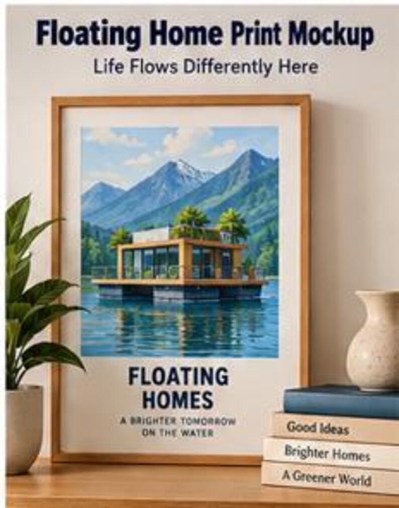 May include: A framed vertical print featuring a floating home on a lake with mountains in the background. The text reads Floating Home Print Mockup, Life Flows Differently Here, Floating Homes, and A Brighter Tomorrow On The Water.